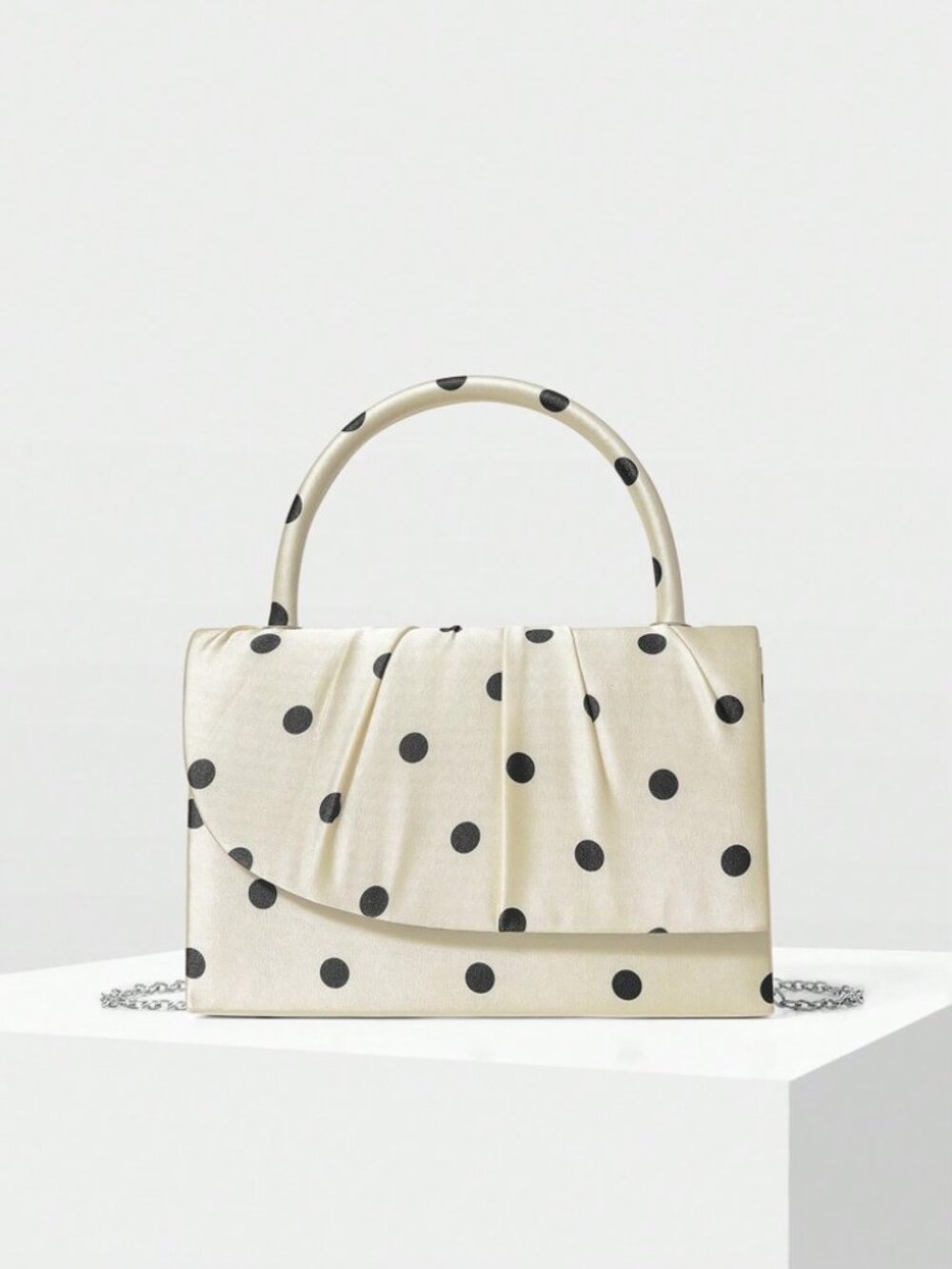 Cream Polka Dot Top Handle Bag with Chain Strap